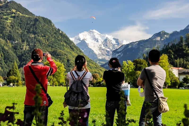 Walkers looking across to the Jungfrau massif from the meadows above Grindelwald